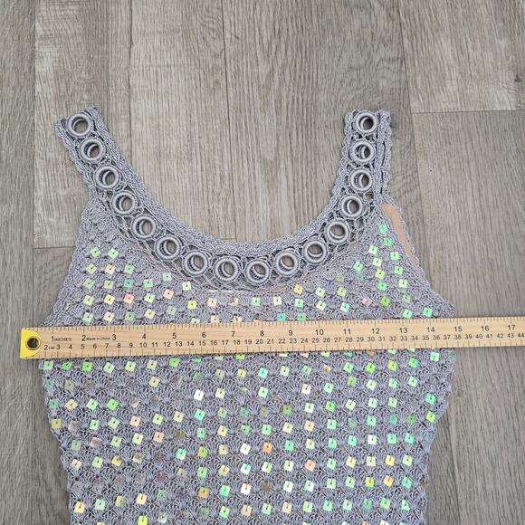 Women's Hand Crochet Sequin Sparkly Gown Shawl Silver S Formal Elegant DiscoLuxe - Picture 12 of 16